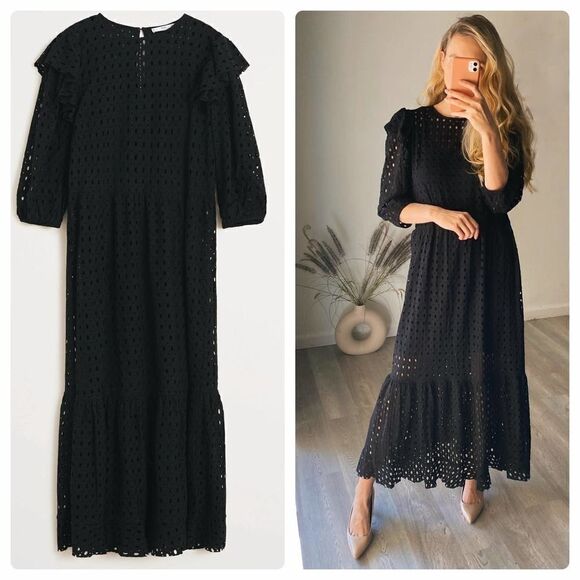Mango Dress Openwork Laser Cut Puff Sleeve Long New - Picture 1 of 7